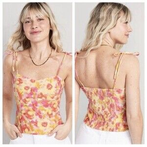 NWT Old Navy Floral Bustier Top Tank Smocked Back Fitted Tie Strap Small Linen